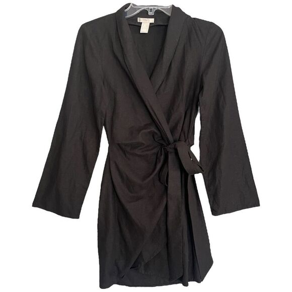 H&M Linen Blend Wrap Dress Womens XS Black Long Sleeve Kimono Capsule Minimalist - Picture 1 of 11